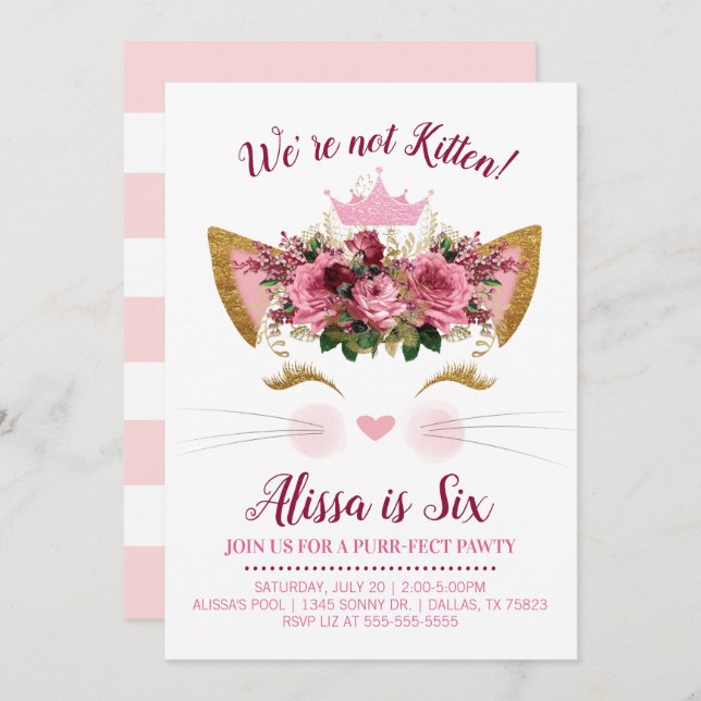 Floral Kitty Cat Birthday Invitation | Pink Crown (Front/Back)