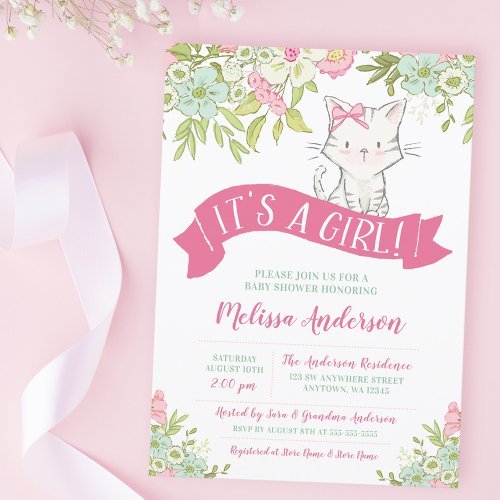 Floral Kitty Girl Baby Shower Invitation