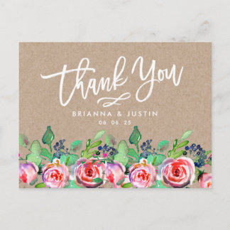 Floral Kraft Script Rustic Wedding Thank You Announcement Postcard