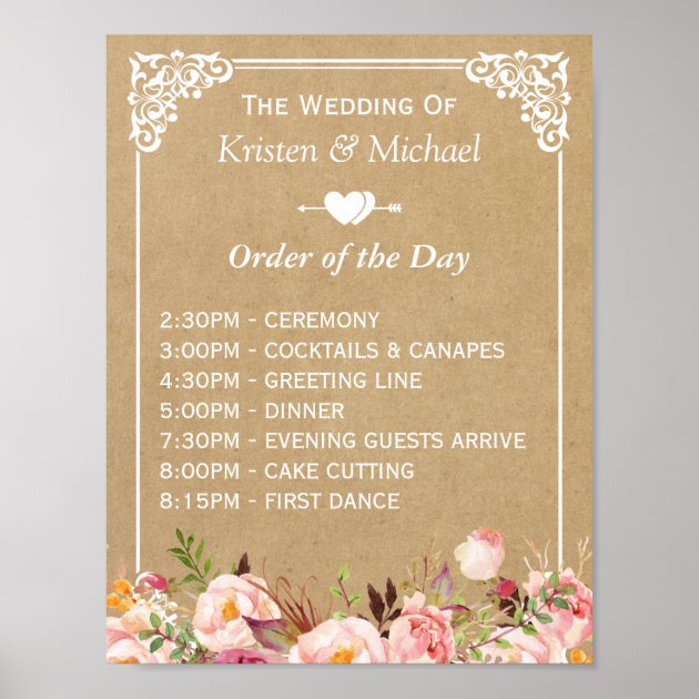 Floral Kraft Wedding Sign For Order Of The Day