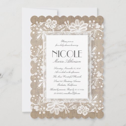 Floral Lace and Burlap Elegant Baby Shower Invitation - The burlap and lace elegant vintage baby shower invitations