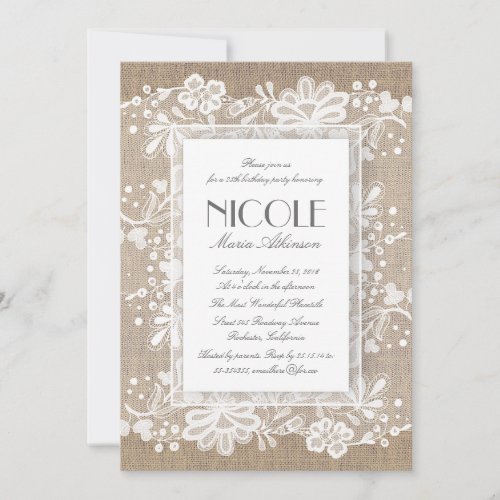 Floral Lace and Burlap Elegant Birthday Party Invitation - The burlap and lace elegant vintage birthday party invitations