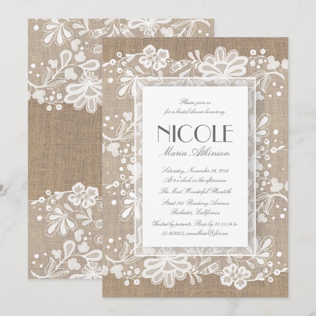 Floral Lace and Burlap Elegant Bridal Shower Invitation (Front/Back)