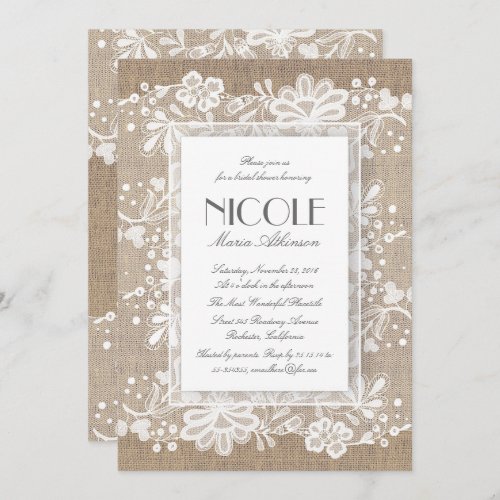 Floral Lace and Burlap Elegant Bridal Shower Invitation - The burlap and lace elegant vintage bridal shower invitations