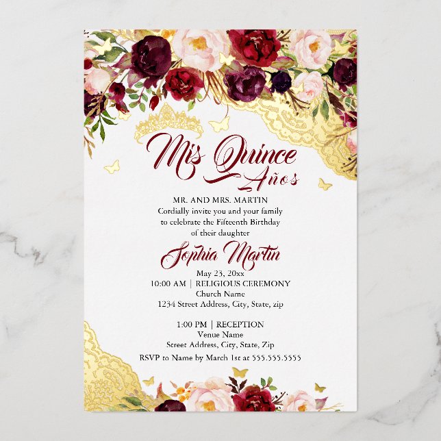 Floral Lace Burgundy Gold Butterfly Quinceanera Foil Invitation (Front)