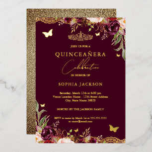 Floral Lace Burgundy Quinceanera Birthday  Foil Invitation