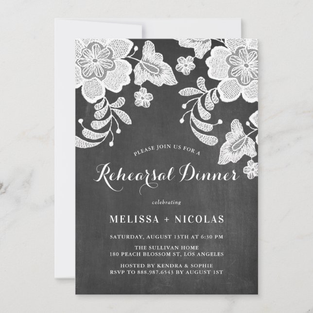 Floral Lace Chalkboard Rehearsal Dinner Invitation (Front)