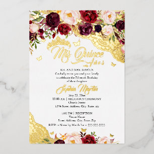 Floral Lace Gold Burgundy Butterfly Quinceanera Foil Invitation