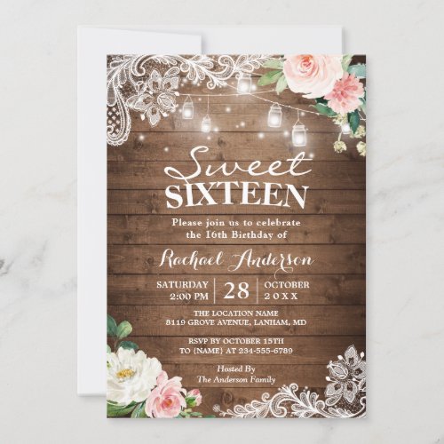 Floral Lace Mason Jar Lights Sweet 16 Birthday Invitation