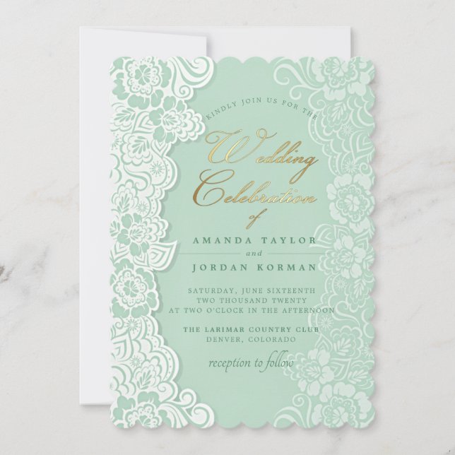 Floral Lace Mint Green Wedding Invitation (Front)