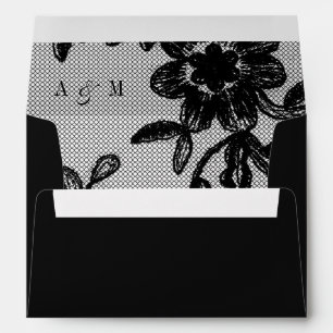 Floral Lace Monogram Elegant Black Wedding Envelope