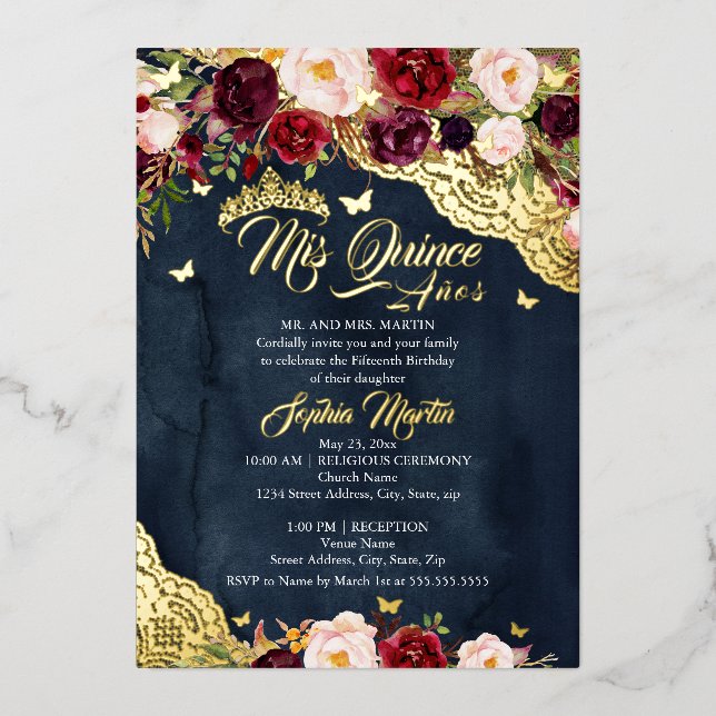 Floral Lace Navy Burgundy Butterfly Quinceanera Foil Invitation (Front)
