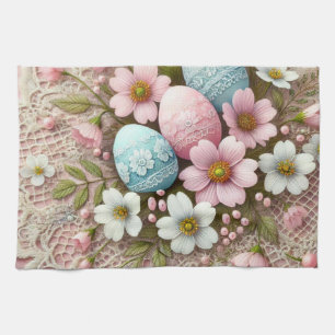 Floral lace pastel pink Easter eggs and flowers Kitchen Towel