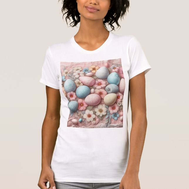 Floral lace pastel pink Easter eggs and flowers  T-Shirt (Front)