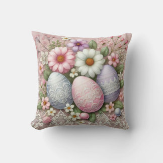 Floral lace pastel pink Easter eggs and flowers Throw Pillow