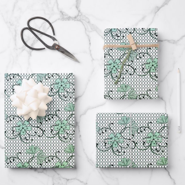 Floral Lace Pattern Blue And Green Wrapping Paper Sheets (Front)
