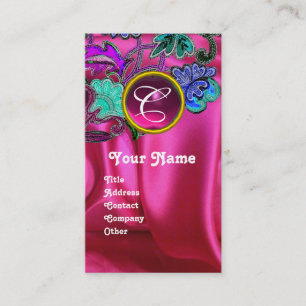 FLORAL LACE PINK FUCHSIA SILK CLOTH, GEM MONOGRAM BUSINESS CARD