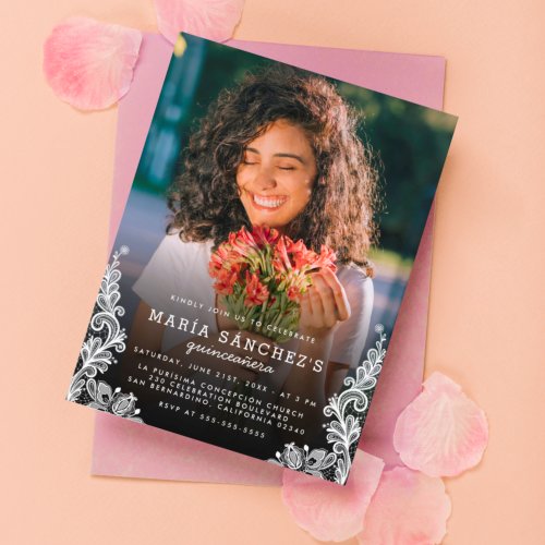 Floral Lace Quinceaera Birthday Party Photo Invitation Postcard