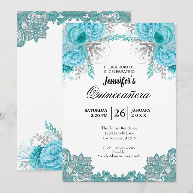 Floral Lace Quinceanera Invitation (Front/Back)