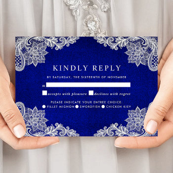 Floral Lace Royal Blue Wedding Entree Rsvp Card by girlygirlgraphics at Zazzle