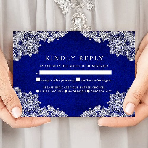 Floral Lace Royal Blue Wedding Entree RSVP Card