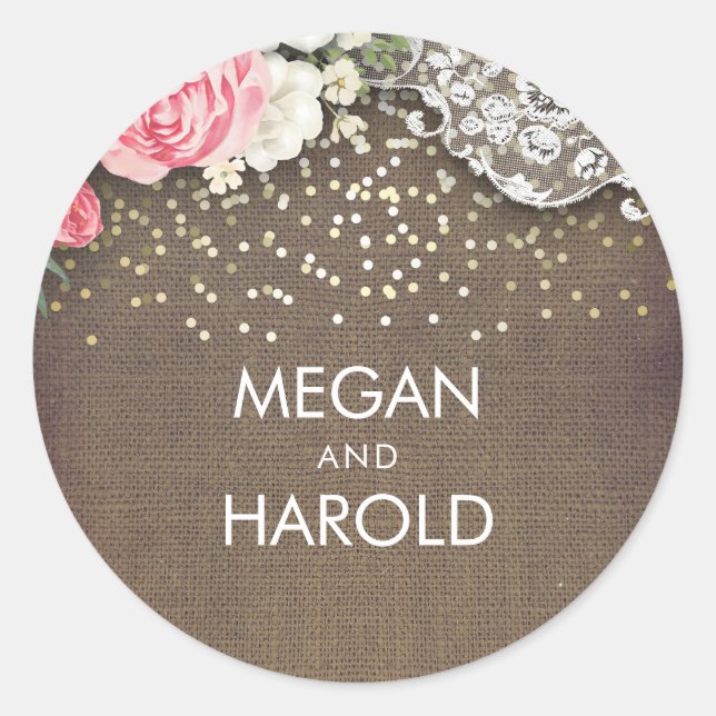 Floral Lace Rustic Burlap Gold Confetti Wedding Classic Round Sticker (Front)