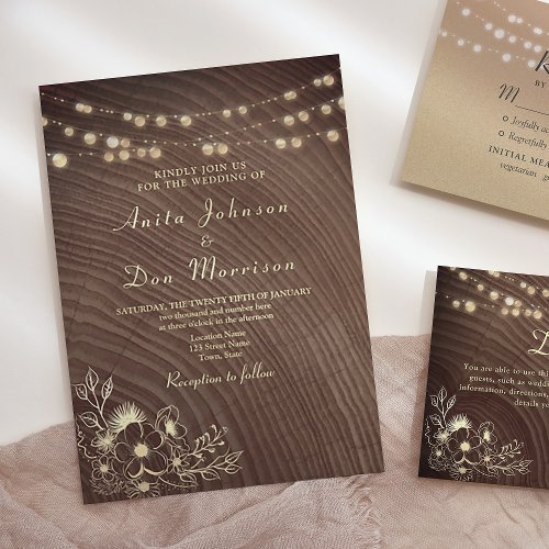 Floral Lace Rustic Wood String Lights Wedding Invitation