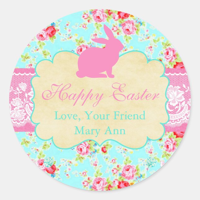 Floral  Lace Shabby Chic Happy Easter Personalized Classic Round Sticker (Front)