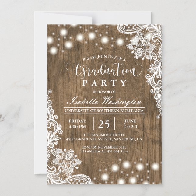 Floral Lace String Light Rustic Graduation Party Magnetic Invitation (Front)