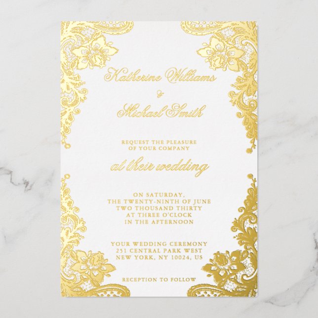 Floral Lace Wedding Real Gold Foil Foil Invitation (Front)