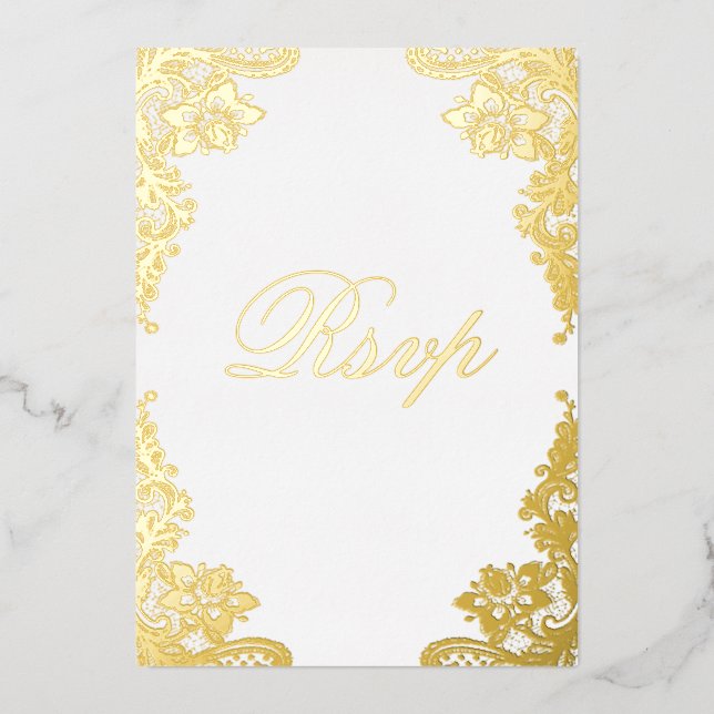 Floral Lace Wedding RSVP Real Gold Foil Invitation (Front)