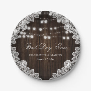 Floral Lace Wood String Lights Rustic Wedding Paper Plates