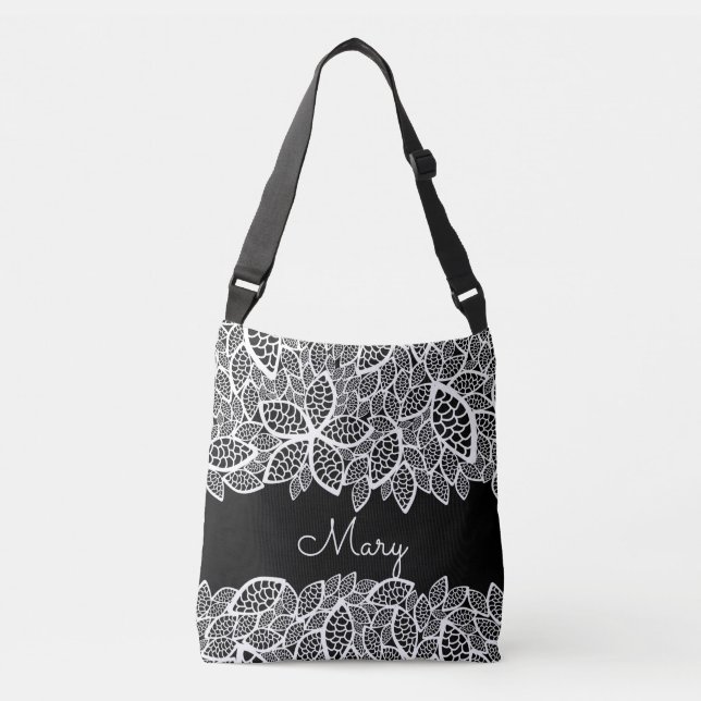 Floral Lace Your Name Black White Crossbody Bag (Front)