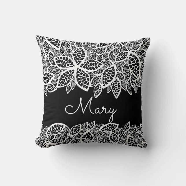 Floral Lace Your Name Black White Throw Pillow (Front)