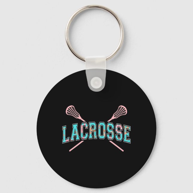 Floral Lacrosse Crossed Sticks LAX Girly Teal PInk Keychain (Front)