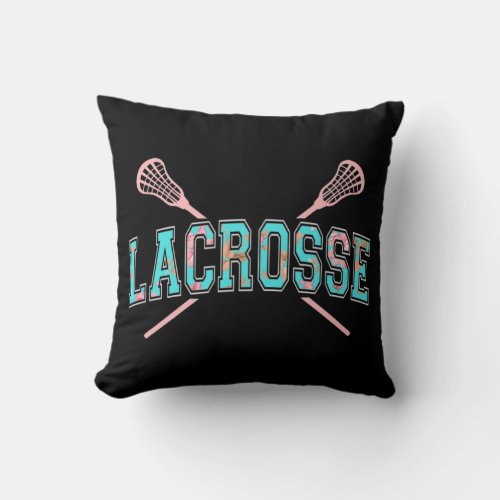 Floral Lacrosse Crossed Sticks LAX Girly Teal PInk Throw Pillow