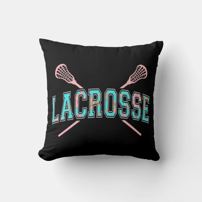 Floral Lacrosse Crossed Sticks LAX Girly Teal PInk Throw Pillow (Front)