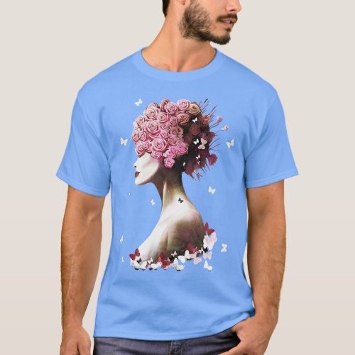 Floral lady cute girl and pink flowers watercolor  T_Shirt