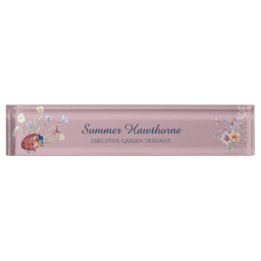 Floral Ladybug Botanical Cottage Core Mauve Pink Desk Name Plate