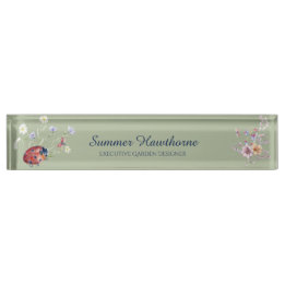 Floral Ladybug Botanical Cottage Core Sage Green Desk Name Plate