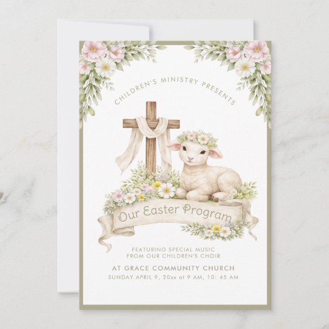 Floral Lamb with Cross | Easter Program Invitation (Front)