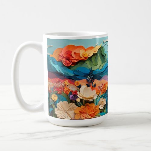 Floral landscape paper art coffee mug