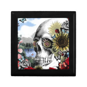Floral landscape skull keepsake box