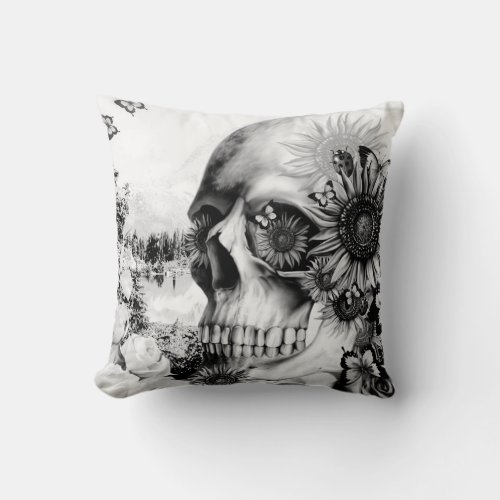 Floral landscape skull throw pillow