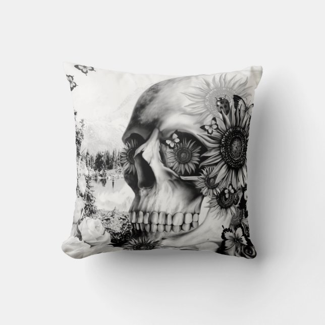 Floral landscape skull throw pillow (Front)