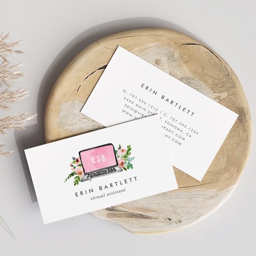 Floral Laptop Monogram  Virtual Assistant Business Card