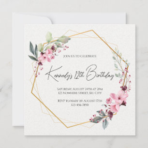 Floral laurel birthday invitation, classy, gold invitation