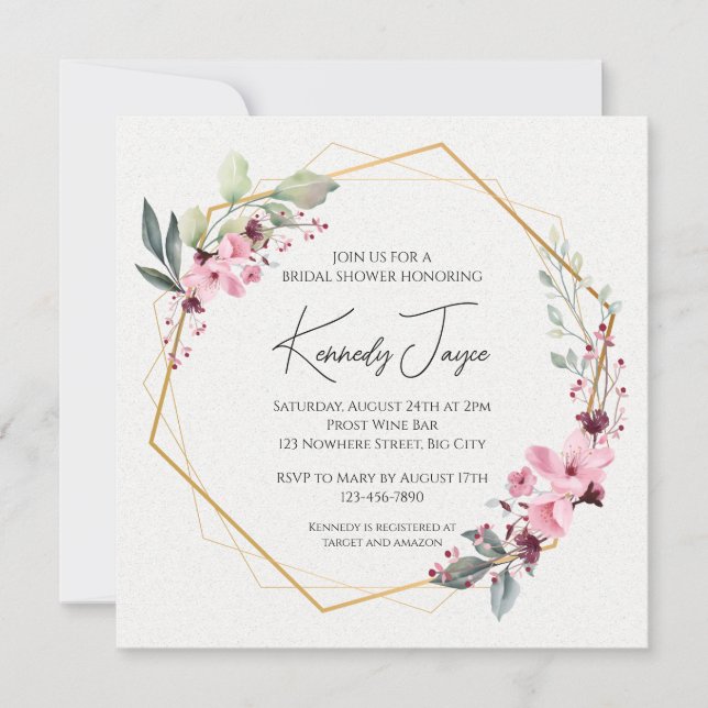 Floral laurel bridal shower invite, classy, gold invitation (Front)