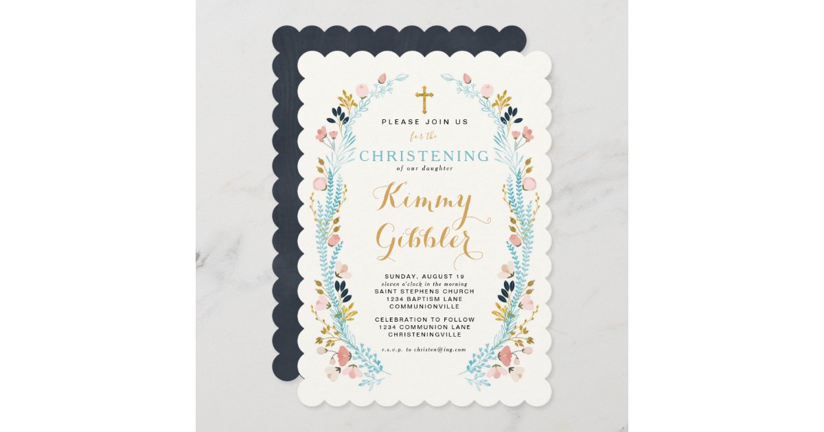 Floral Laurel Frame Christening invitation Zazzle