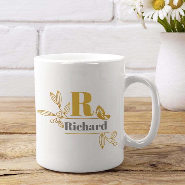 Floral Laurel Initial Letter Monogram Name Coffee  Mug (Creator Uploaded)